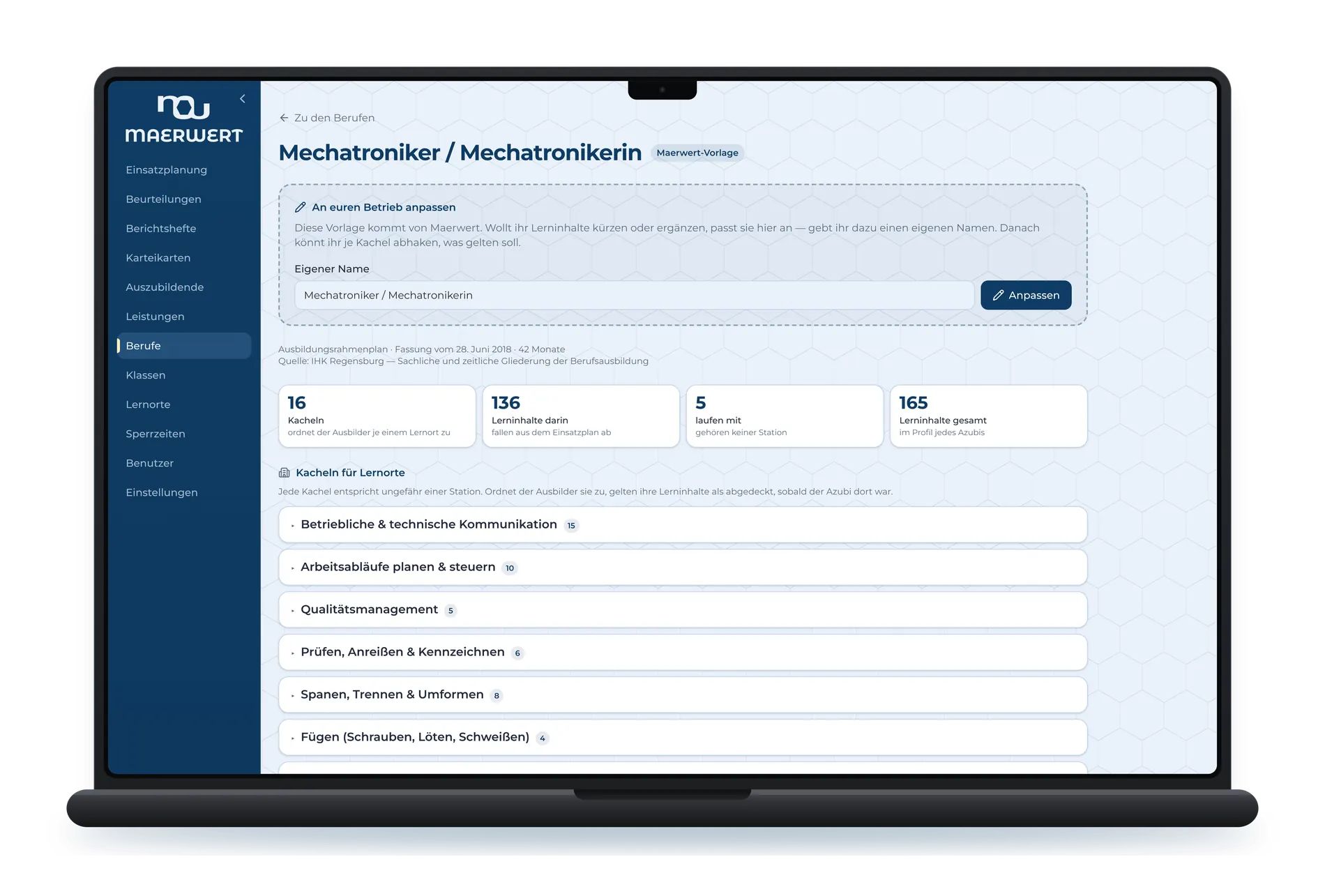 Der Beruf Mechatroniker/-in aus dem Maerwert-Katalog: 16 Kacheln, 136 Lerninhalte darin, 5 laufen mit, 165 Lerninhalte gesamt — darunter die Kacheln zum Zuordnen.