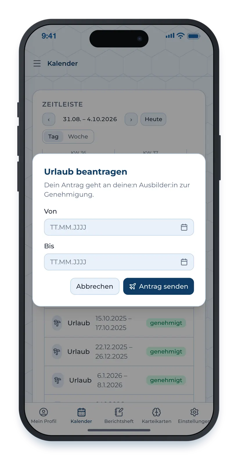 Urlaub beantragen auf dem Handy: Von, Bis, absenden — der Antrag geht an die Ausbilderin zur Genehmigung.