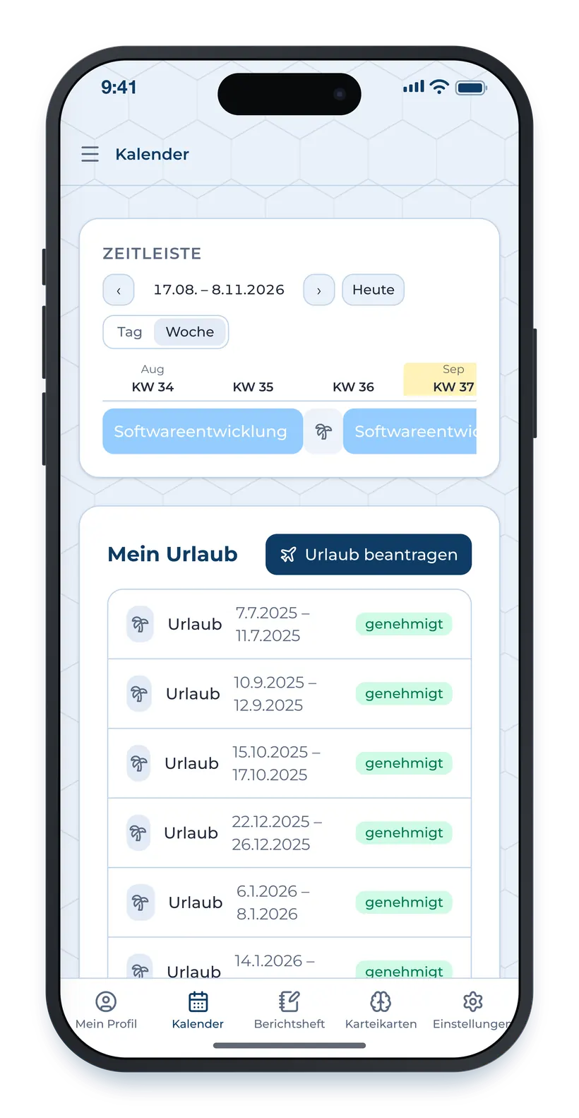 Der Kalender auf dem Handy: die eigenen Einsätze auf einer Zeitleiste, darunter die beantragten Urlaube mit ihrem Stand.