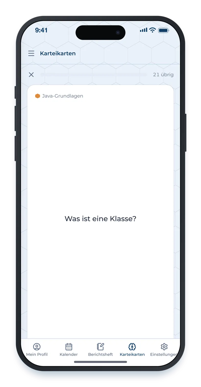 Eine Karteikarte in der Abfrage: die Frage auf der Vorderseite, darunter die Knöpfe zum Bewerten der eigenen Antwort.