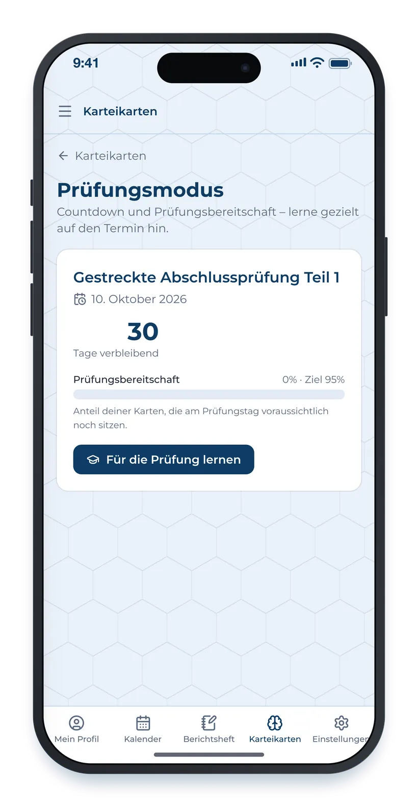 Der Prüfungsmodus: die nächste Prüfung mit Datum, verbleibenden Tagen und der Prüfungsbereitschaft in Prozent.